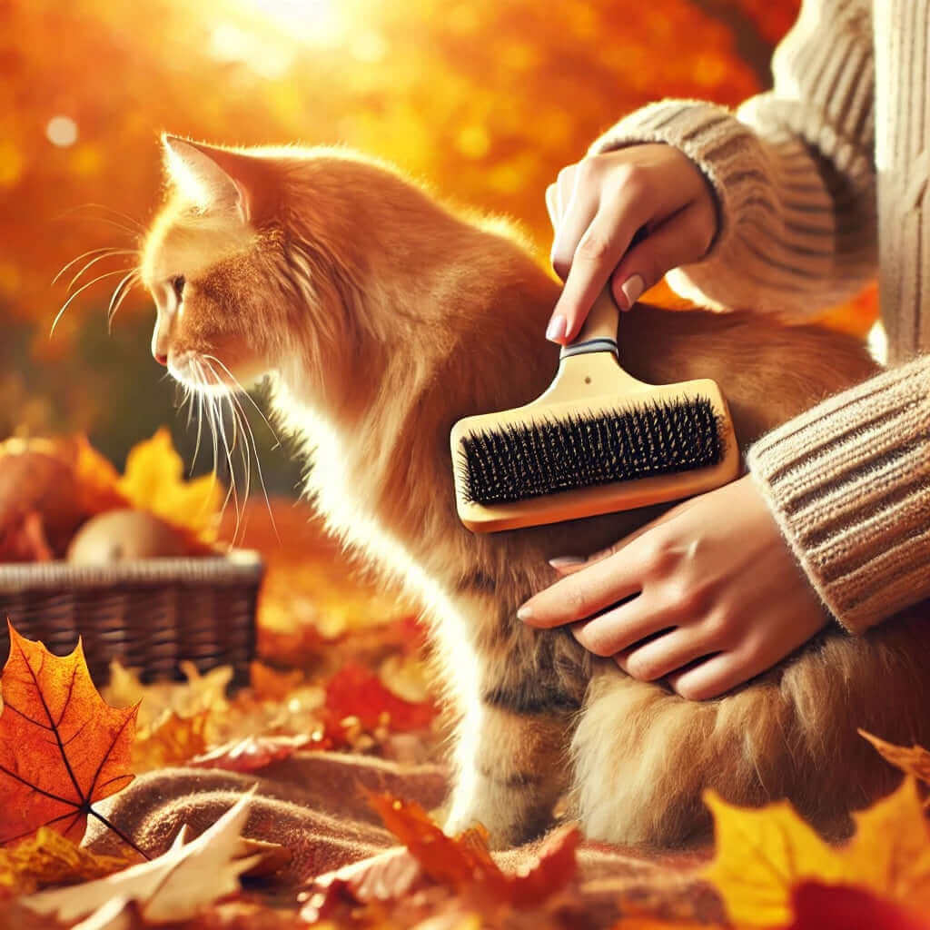 Person brushing an orange cat surrounded by autumn leaves, highlighting seasonal grooming care.