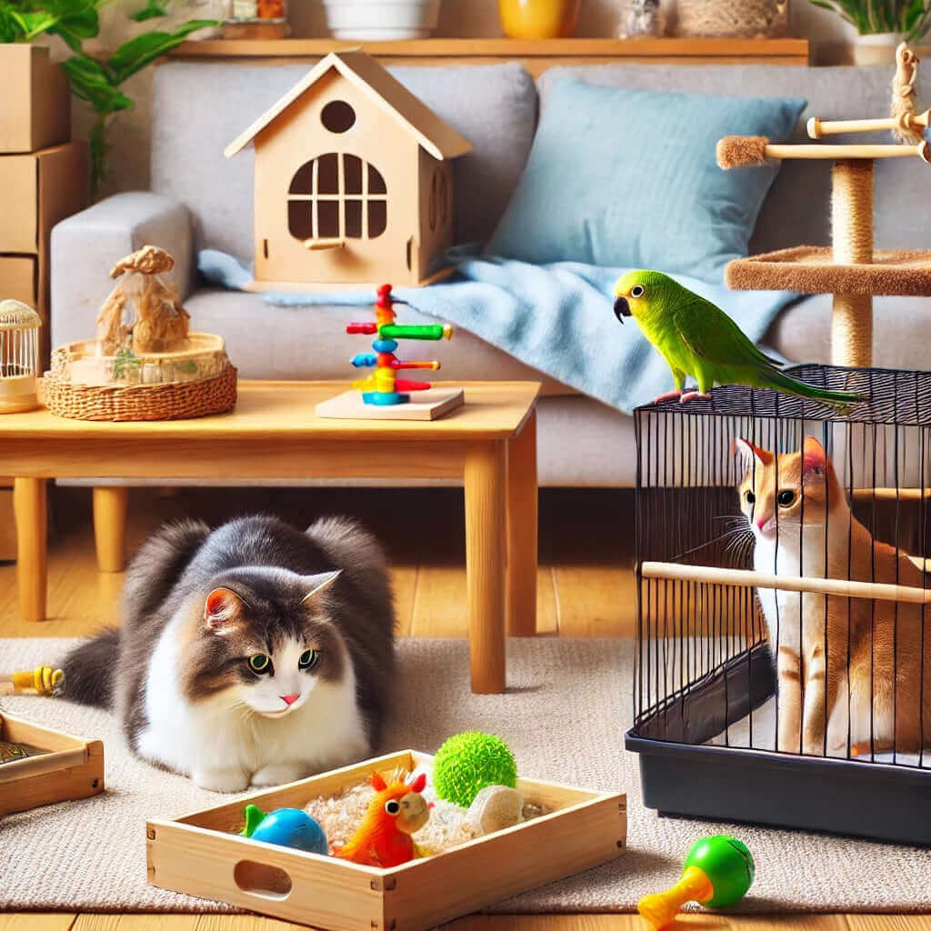 Chat et perroquet jouant dans un espace de vie, avec des jouets colorés et une maison pour animaux.