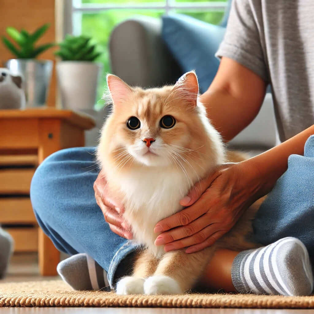 Personne tenant délicatement un chat âgé dans un salon confortable, soulignant la camaraderie et l'affection.