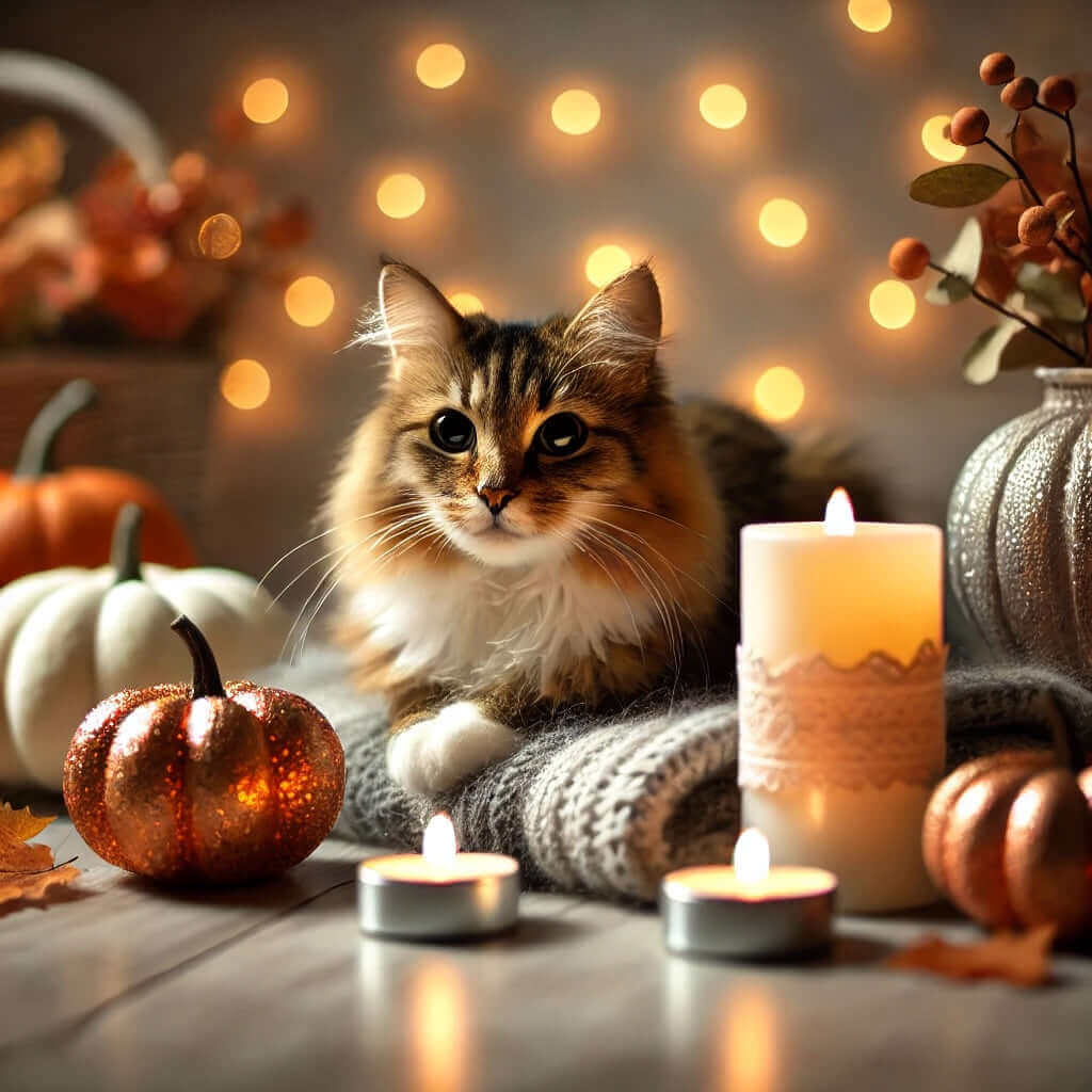 Un chat aux yeux vifs se repose parmi des bougies et des décorations d'automne, créant une ambiance chaleureuse et festive.