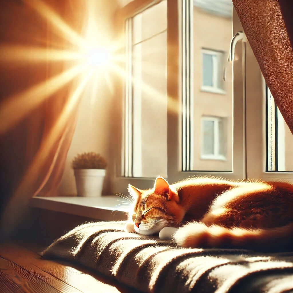 Chat orange dormant sur un coussin, profitant de la lumière du soleil qui entre par la fenêtre.