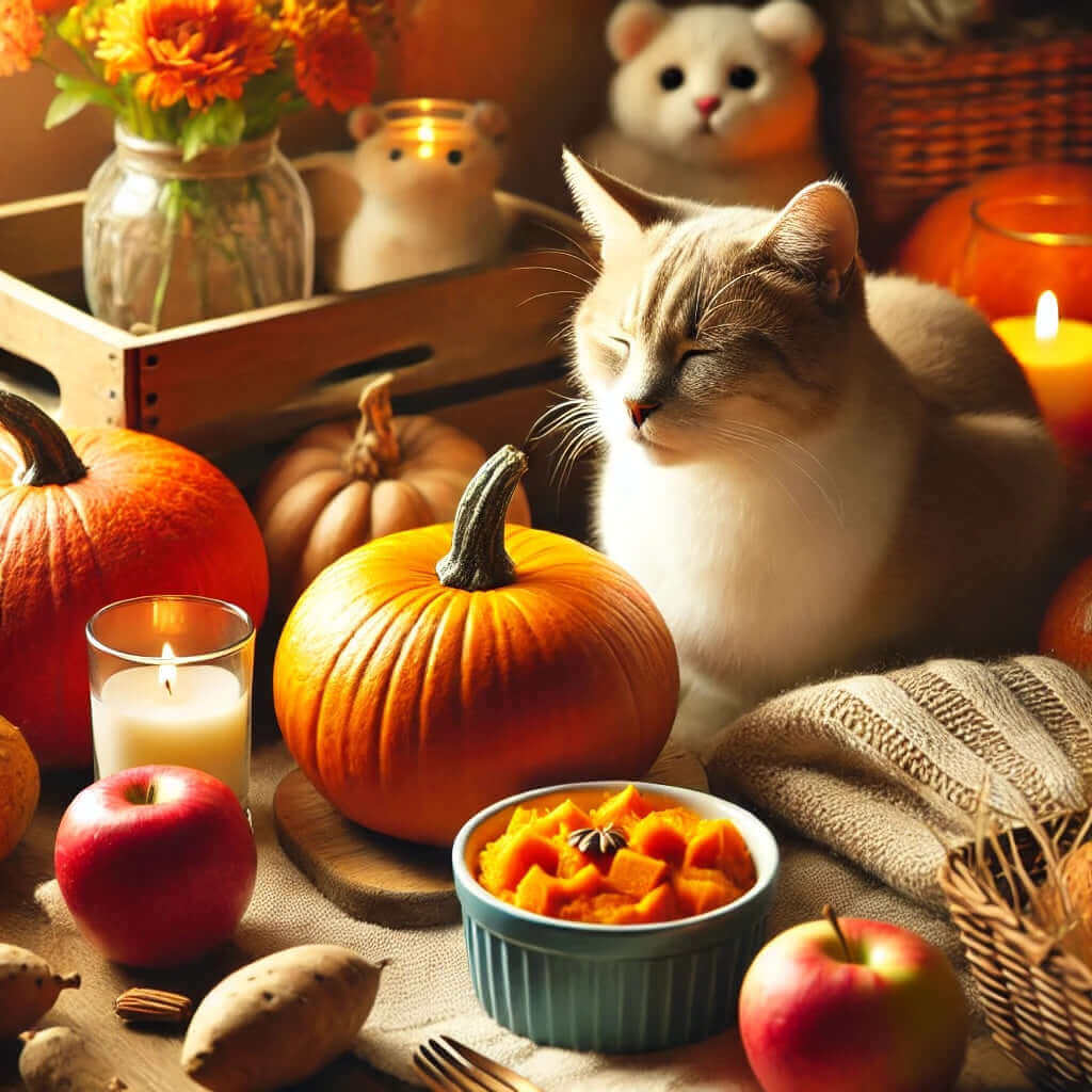 chat assis parmi des citrouilles et des pommes, avec un bol de citrouille cuite, décor d'automne chaleureux.