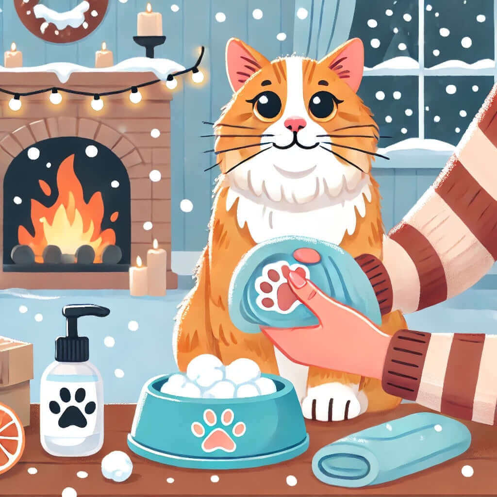 Illustration of a cat by a cozy fireplace, with a person caring for it during winter, snow falling outside.