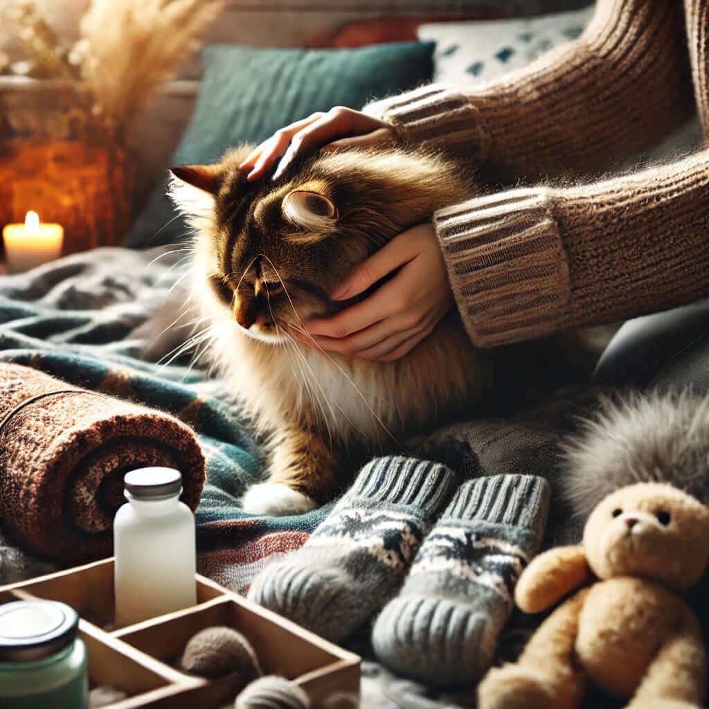 A person gently petting a cat on a cozy bed surrounded by warm blankets, candles, and winter accessories.