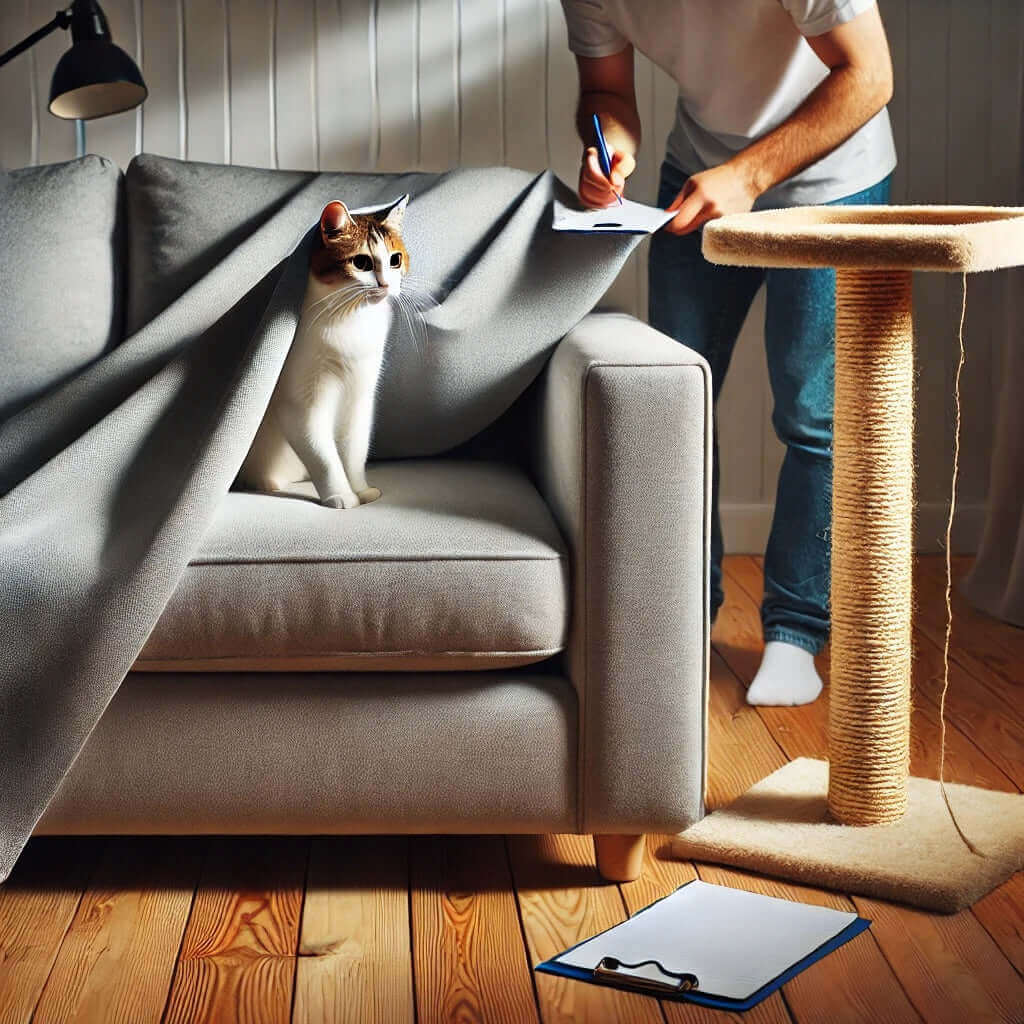 Chat assis sur un canapé sous une couverture, à côté d'un griffoir et d'une personne qui écrit des notes.