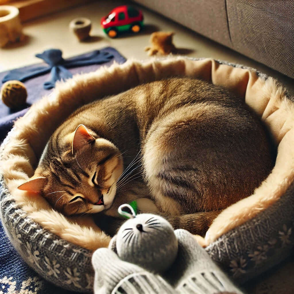 Chat dormant dans un lit confortable avec jouets, illustrant l'augmentation du sommeil en hiver.