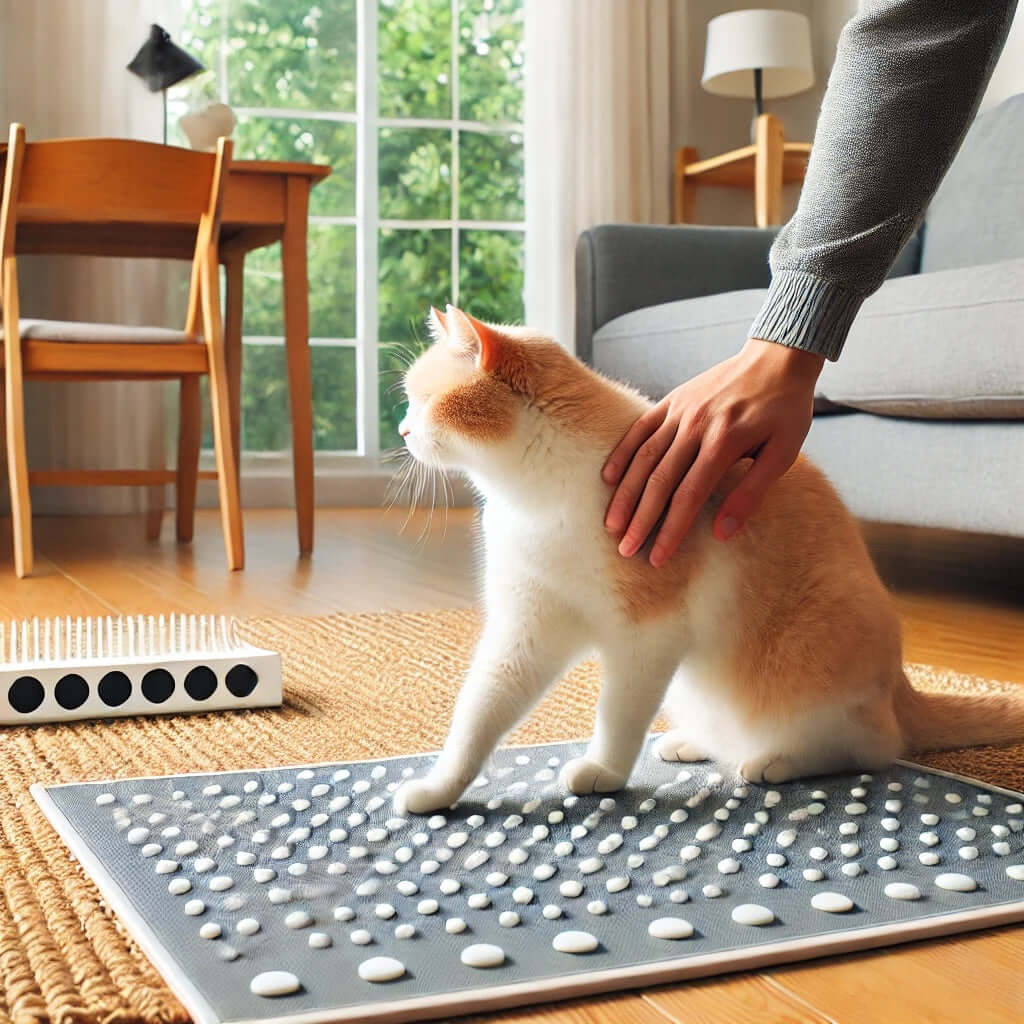 Une personne caresse doucement un chat sur un tapis texturé dans un salon lumineux et confortable.