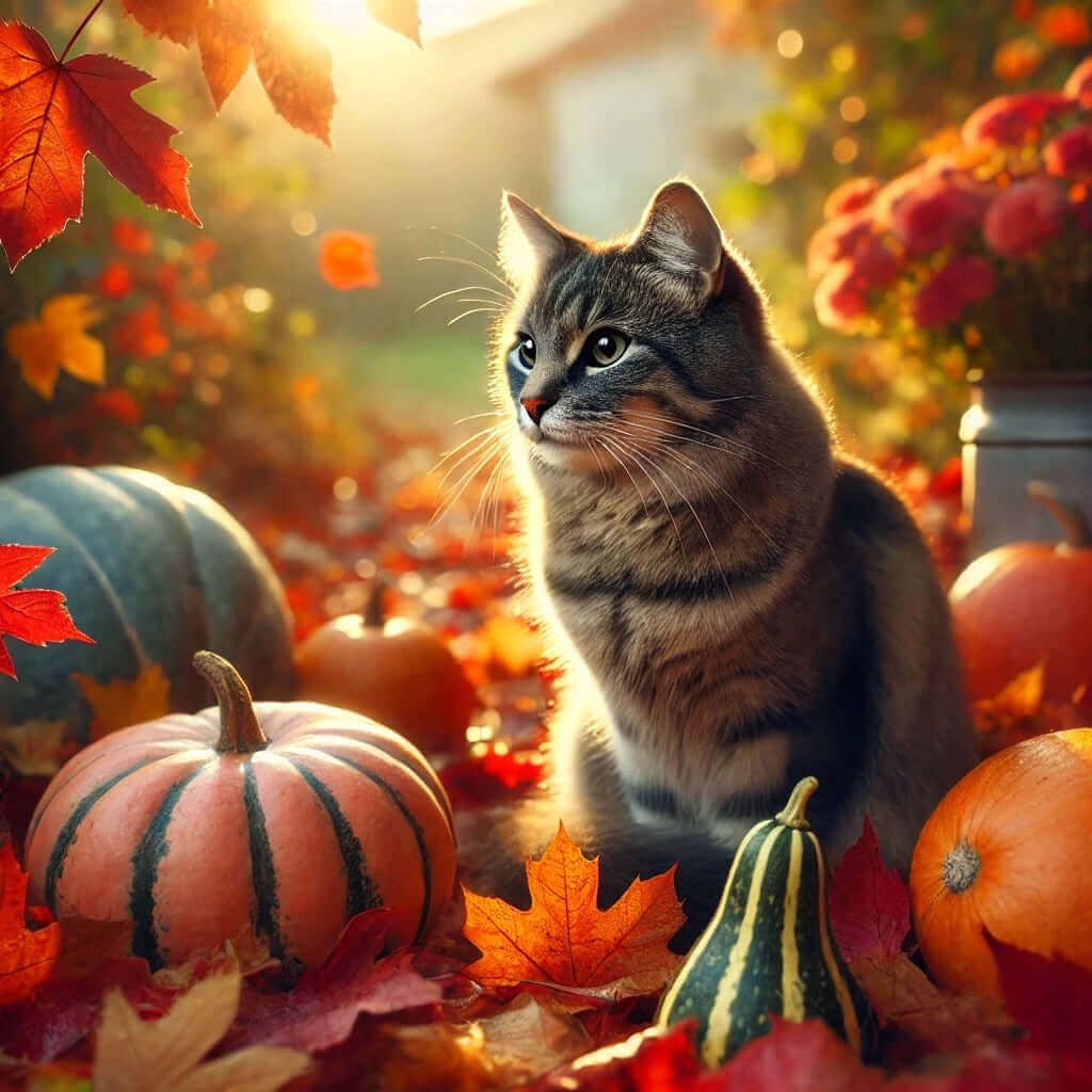 Chat contemplant dans un décor automnal avec des citrouilles et des feuilles colorées.