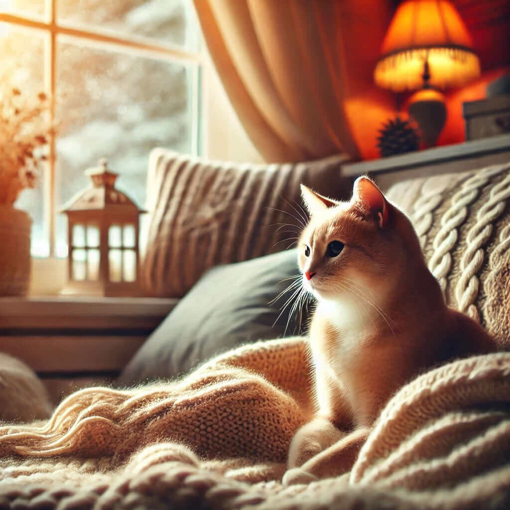 chat cosy sur un canapé avec une couverture, profitant d'une lumière douce et chaleureuse près d'une fenêtre en hiver.