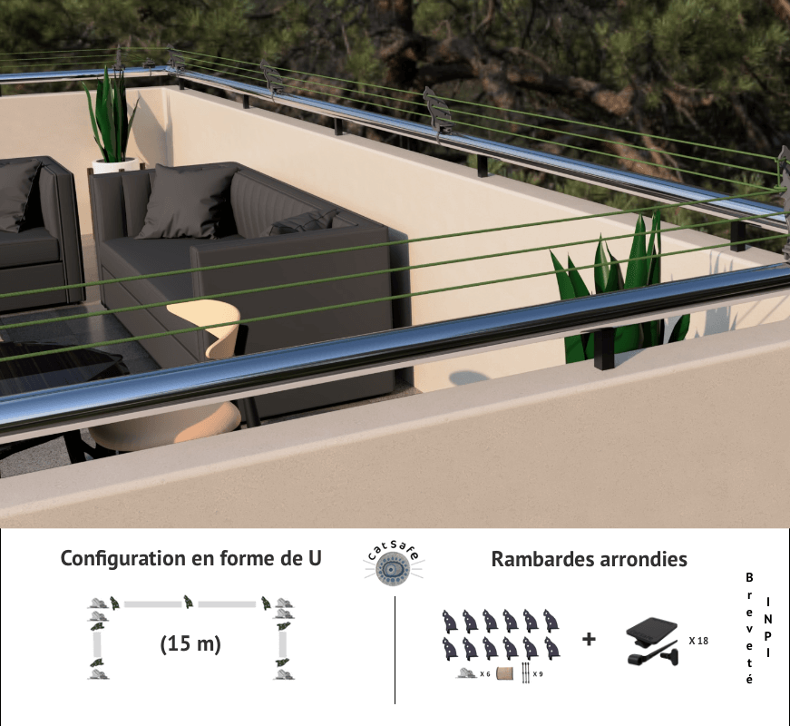 Protection Catsafe pour balcons en forme de U avec rambardes arrondies, vue d'ensemble et configuration détaillée.