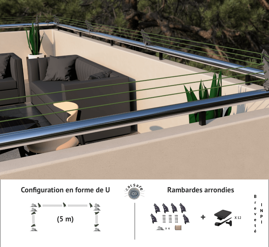 Protection pour balcons en U avec rambardes arrondies, affichant configuration et accessoires Catsafe.