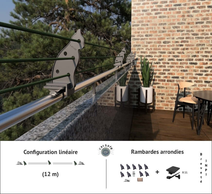 Système de protection pour balcons avec rambardes arrondies et configuration linéaire de 12 m, incluant accessoires Catsafe.