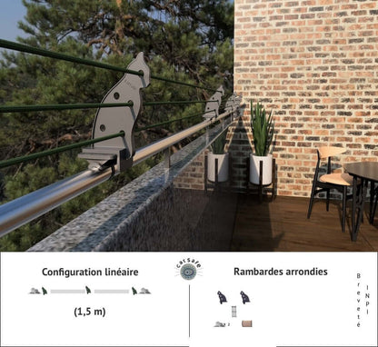 Protection pour balcon avec rambardes arrondies et système Catsafe en configuration linéaire de 1,5 m.