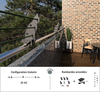 Configuration linéaire de rambardes arrondies pour balcon avec système de protection Catsafe.